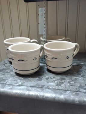 Longaberger Cream and Blue Set Of Four Mugs